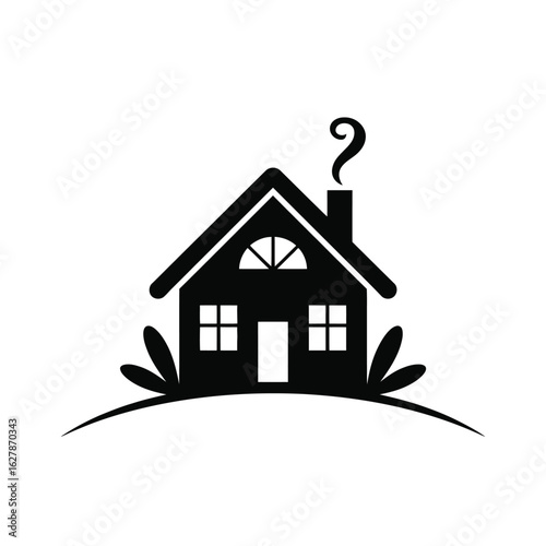 Simple black silhouette of a cozy house with smoke from chimney