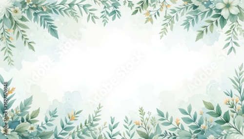 Green floral frame of winter leaves and pine branches with snowflakes, a nature-inspired celebration border for holiday cards