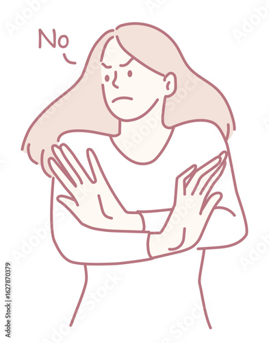 A woman exhibits refusal with a hand gesture and annoyed expression, clearly conveying her attitude