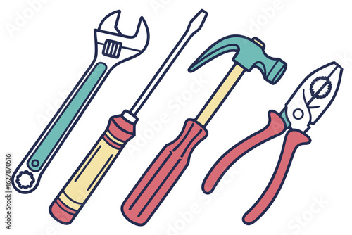 Collection of assorted hand tools including a wrench, screwdriver, hammer, and pliers