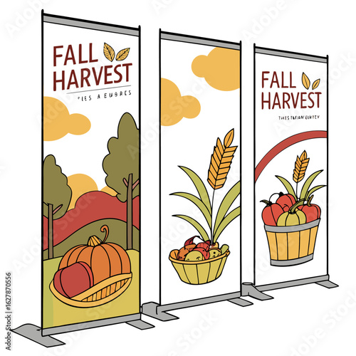 Three fall harvest banners displaying autumn themes with pumpkins, wheat, and fall foliage designs