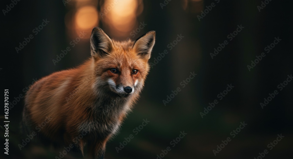 Fototapeta premium A sly fox steps cautiously out of the shadowy forest