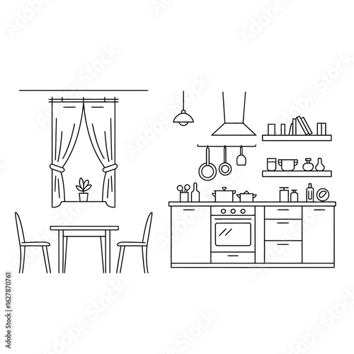 Hand drawn sketch of a modern kitchen with dining area and window