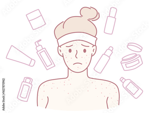 A person feeling profoundly overwhelmed by the vast variety of skincare products available in the market