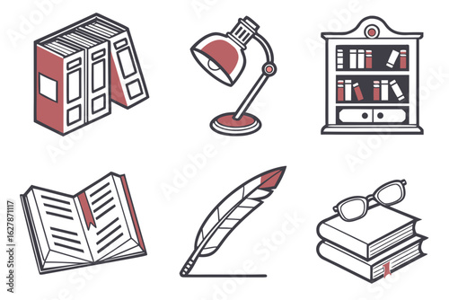 Collection of vintage reading and writing icons isolated on white background