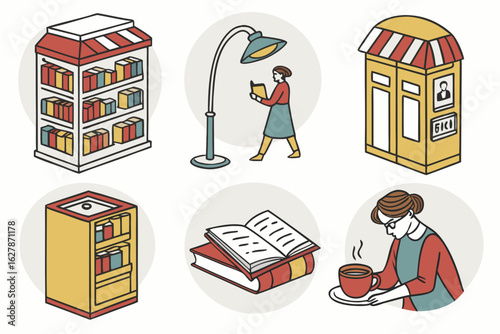Collection of isometric icons related to books and reading