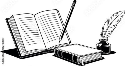 A monochrome illustration of open book, closed book, pencil, quill and inkwell on a white background