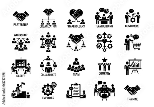 pictogram icons: teamwork, partnership, collaboration, and business success.