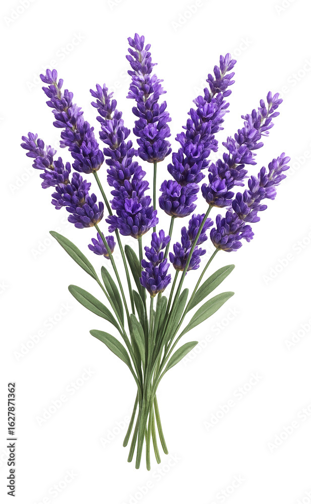 Obraz premium A vibrant bouquet of purple lavender flowers with green stems and leaves, elegantly arranged on transparent background.