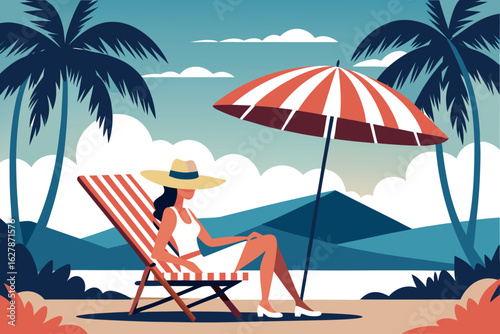 Woman relaxing on a beach chair under an umbrella, enjoying a summer vacation with palm trees in background