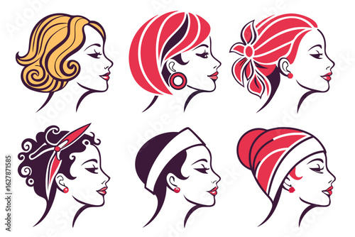 Collection of vintage female hairstyles and headwear in profile