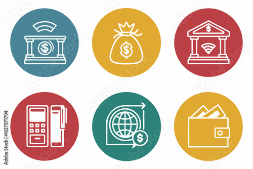 Financial icons set including bank, atm, wallet, payment, and money bag