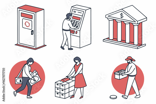Isometric illustration of banking and financial services with people and atm