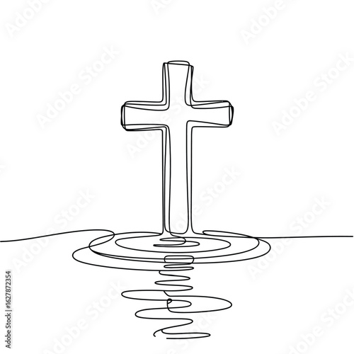 Minimalist single line drawing of a cross with water reflections