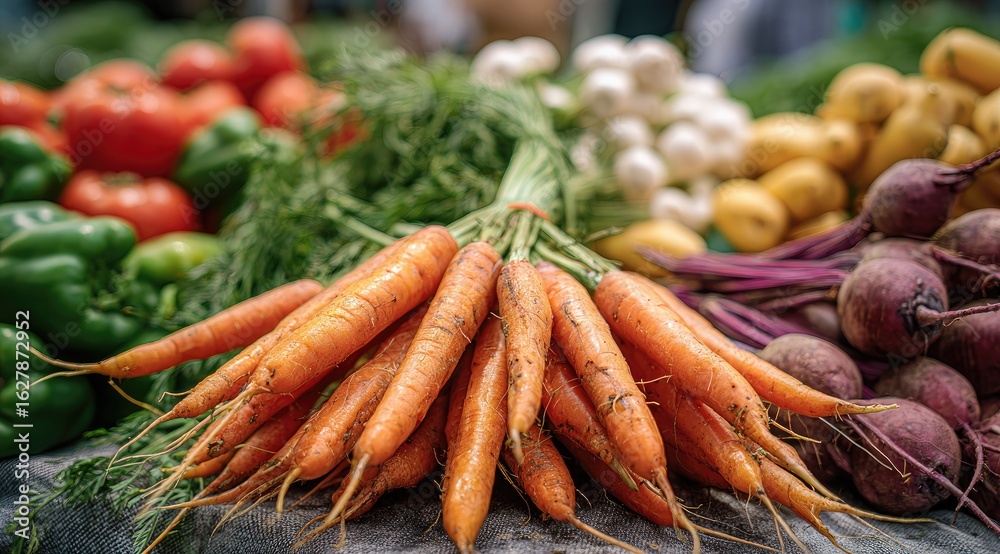 Fresh, vibrant carrots at a farmer's market, surrounded by other produce Fresh, vibrant carrots at a farmer's market, surrounded by other produce