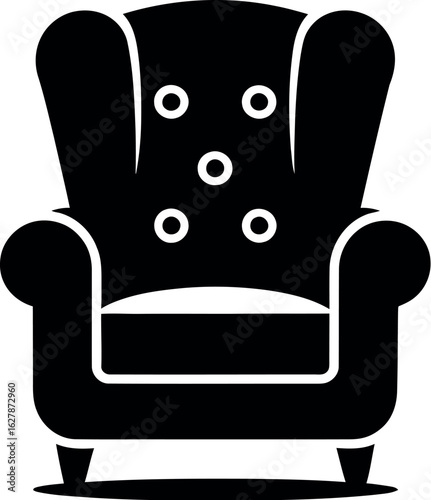 A simple black and white illustration of a wingback chair with button details on a light background
