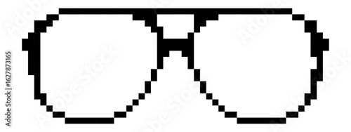 Glasses templates in pixel art style. Black outline eyewear. Vision, style, labels. Isolated on white background.