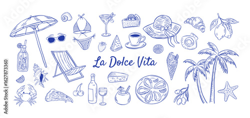 Hand drawn La dolce vita vector set. Italian summer vacations illustrations. Mediterranean food, cocktial, dessert, beach elements, bikini, chair, umbrella, seafood in doodle sketch style.