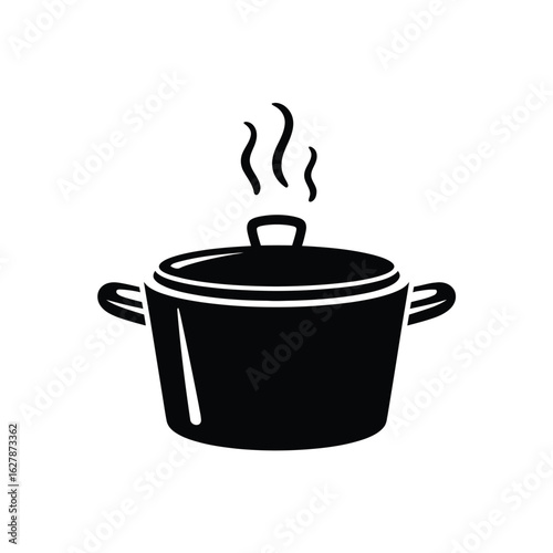 Black and white illustration of a steaming cooking pot