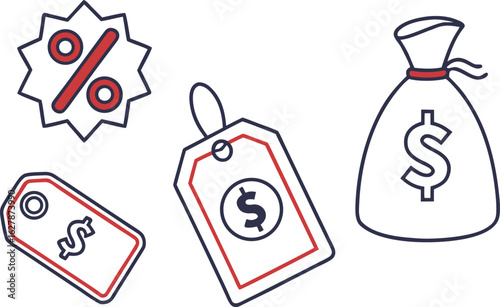 Illustration showing a discount symbol, dollar sign tags, and a money bag on a plain white background design