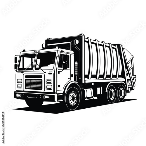 Black and white illustration of a garbage truck on a white background