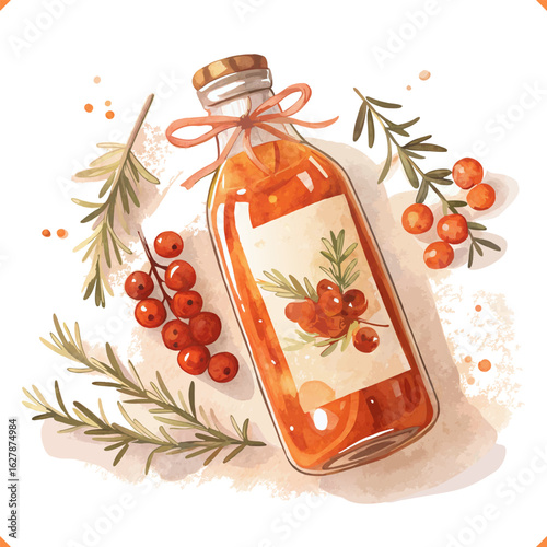 Vector illustration of sea buckthorn oil in glass bottle with tag and berries, isolated on white background