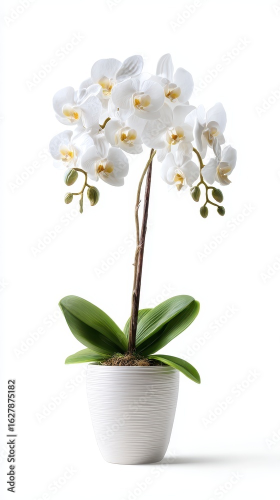 Naklejka premium Elegant white orchid in a simple white pot against a pure white backdrop