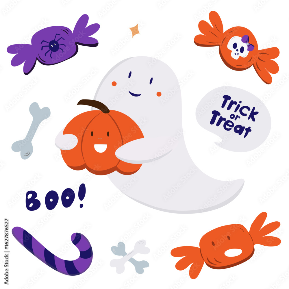 Fototapeta premium Halloween set, ghost with pumpkin, sweets, pumpkin, bones, vector illustration