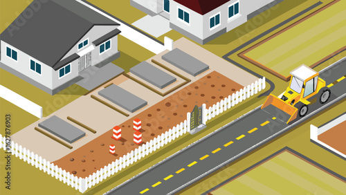 Isometric view of a residential area with houses, road construction, and a bulldozer on the street