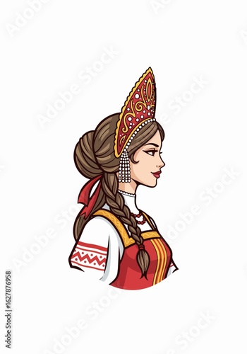 Russian girl in traditional dress with kokoshnik, isolated on white, evokes cultural heritage. Russian girl showcases intricate embroidery and headwear, symbolizing traditions and beauty.
