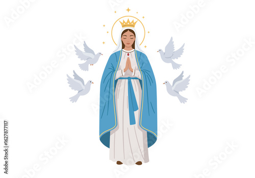 Virgin Mary in Blue Mantle Crown and Surrounding Doves.