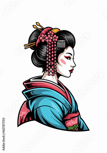 Geisha illustration featuring traditional kimono and ornate hair accessories on pure background, a symbolic representation. Beautiful geisha illustration on cultural themes.