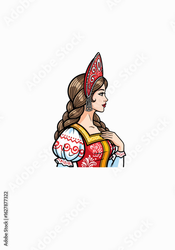 Russian woman illustration in traditional costume for cultural events. Beautiful Russian woman with braid and headdress embodies heritage and elegance.