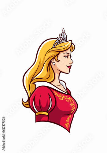 Beautiful princess illustration with golden hair in red royal dress. Princess illustration portrait of elegant young woman in tiara, in her majestic regalia, evoking enchantment.