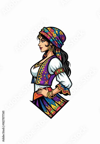 Ethnic woman portrait isolated with colorful headscarf and vest, ethnic woman is posing with hand on her waist. This attractive ethnic woman wears traditional clothes and accessories,