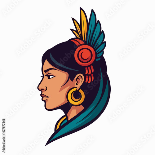 Indigenous woman portrait with traditional headdress featuring feathers and large golden earrings. Indigenous woman embodies heritage and ancestral pride.