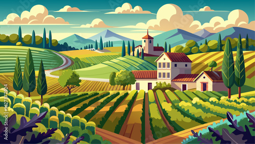 Colorful vineyard landscape with farmhouses, rolling hills, cypress trees and distant mountains under a bright sky
