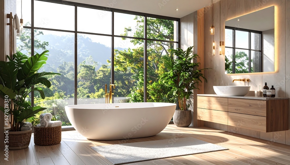 Fototapeta premium Luxury bathroom with freestanding tub large window overlooking green landscape plants golden fixtures