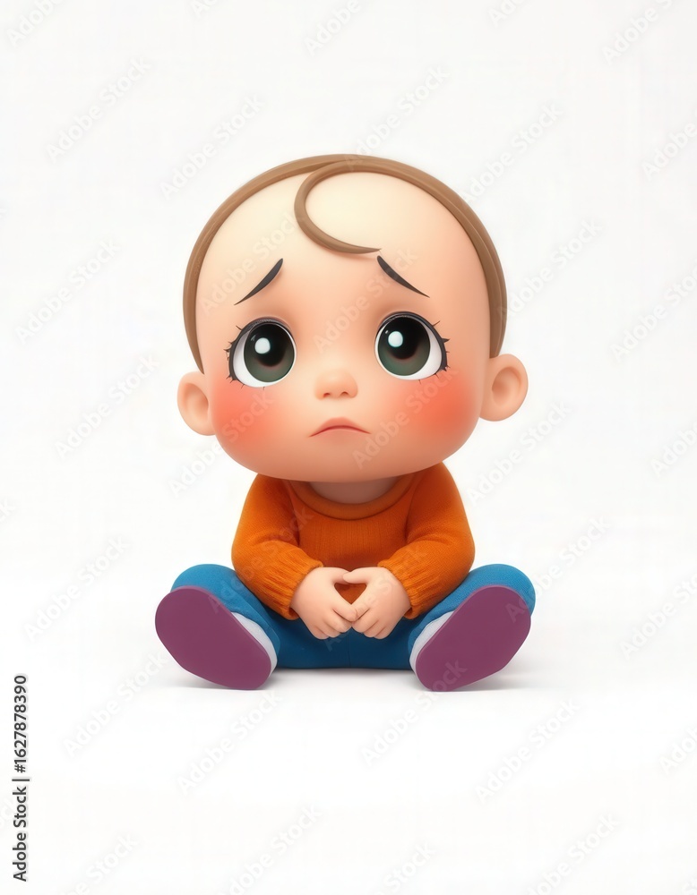 3D Cartoon of Sad Little Girl Crying on Floor with Teary Eyes and Colorful Clothes – Isolated on White Background 3D Cartoon of Sad Little Girl Crying on Floor with Teary Eyes and Colorful Clothes – Isolated on White Background