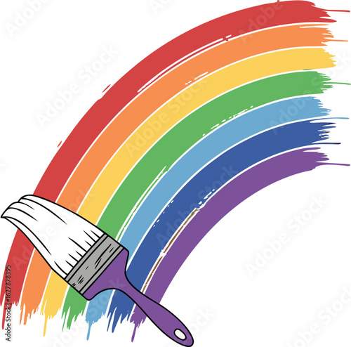 This vibrant vector illustration showcases a dynamic combination of a rainbow paint brush and a roller  both vividly dipped in bright colorful paint.