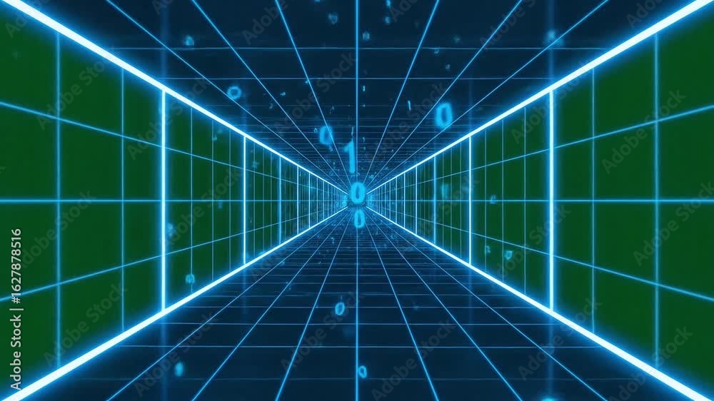digital data tunnel, glowing blue grid corridor with binary code numbers and green screen backdrop used for futuristic technology VFX transitions or sci fi animation scenes

