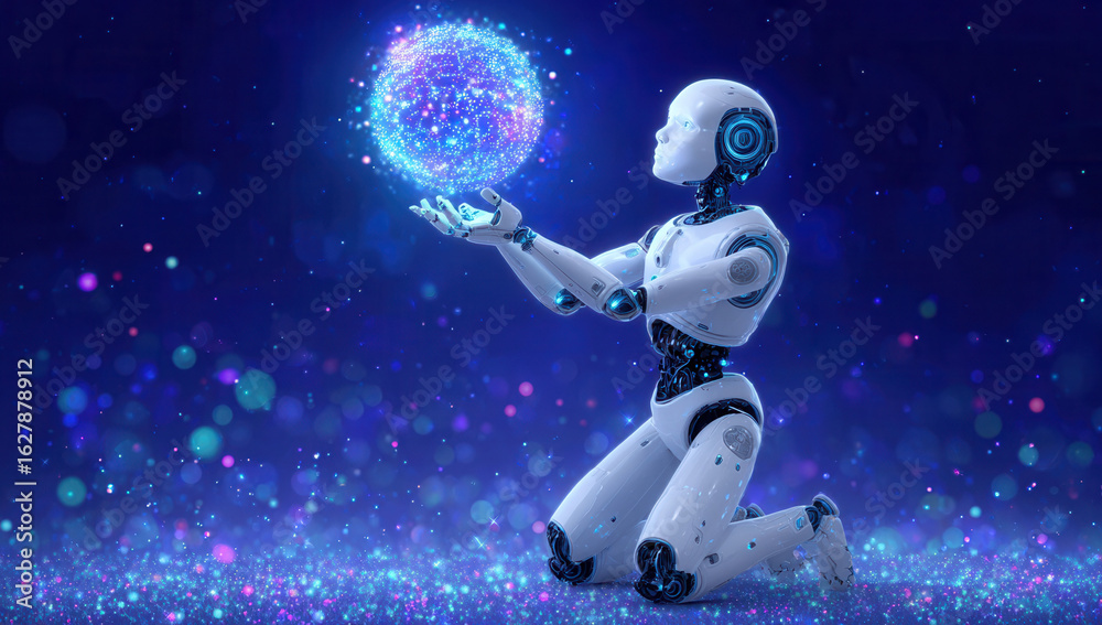 Fototapeta premium Artificial Intelligence Robot Holding Data Sphere Illustration