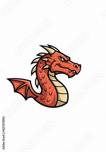 Cartoon dragon mascot with fierce expression, fiery red scales, and formidable horns. Dragon mascot with wings adds touch of fantasy and power, embodying strength and agility.