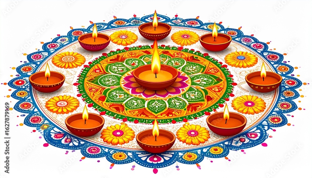 Fototapeta premium A beautiful circular Rangoli with glowing diya lamps. An intricate and colorful illustration for a traditional cultural festival.