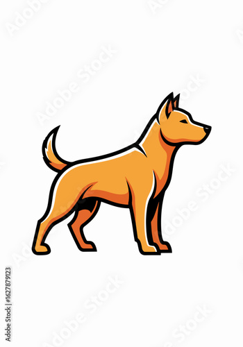 Mascot logo with adorable dog standing on plain backdrop. Mascot logo concept features clean design and eye catching color of short haired puppy, well suited for branding and company identity.
