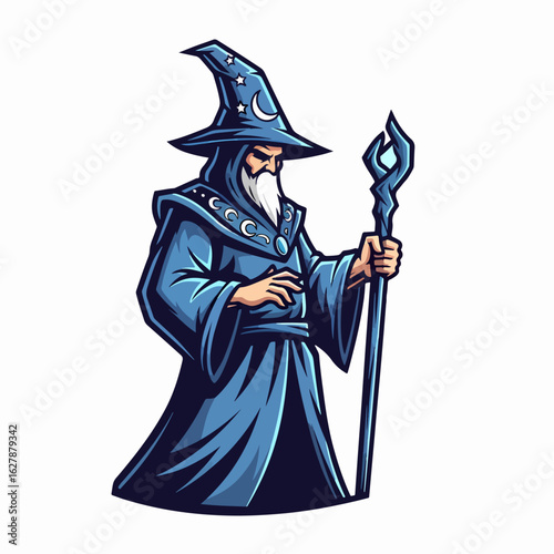 Cartoon wizard casting a spell with his staff. Cartoon wizard in blue robes and pointed hat, holding a magical staff with crystal. Use this cartoon wizard for fantasy games or illustrations,