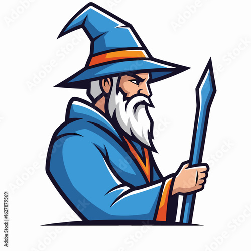 Wizard illustration in blue and orange showcases sorcerer with staff, embodying magic, fantasy, and ancient power. Wizard illustration in simple colors captures mystic character, costume,