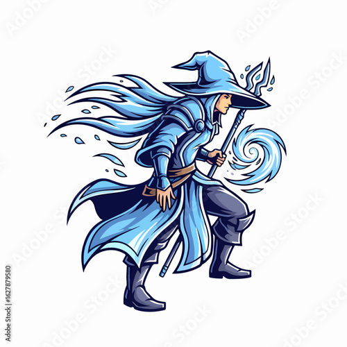 Walking wizard with magic staff, illustrated wizard against white background, and dressed in blue robe. Illustrated wizard emitting magical energy and carrying a staff to cast powerful spells,