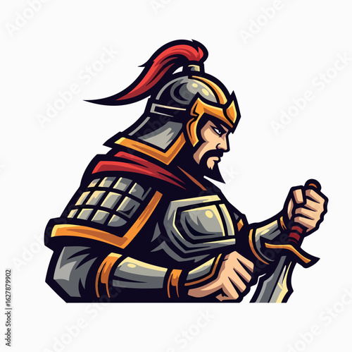 Cartoon warrior character with sword on white background. Cartoon warrior holds a sword, wearing detailed armor with helmet and flowing fabric.
