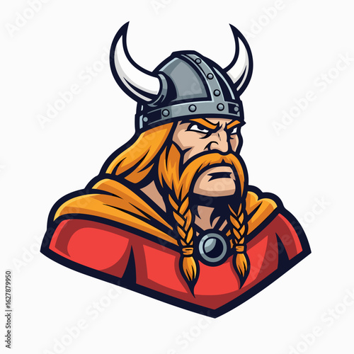 Fierce Viking warrior with helmet and braids showcases Scandinavian strength. Brave Viking depicts a fearless Norseman with his war helmet, prepared for battle. Illustrative Viking is ideal for games,